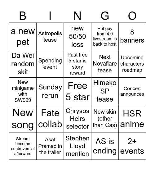 HSR 4.2 Stream Bingo Card
