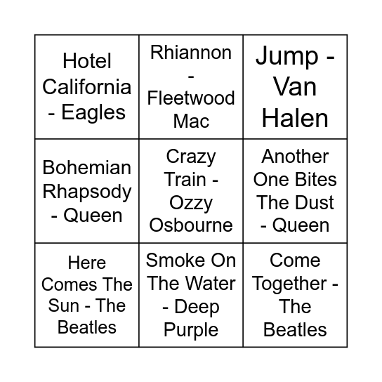 Kait's Greatest Jams Bingo Card
