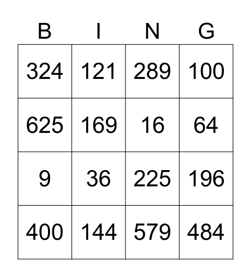 Quadratzahlen - Bingo Card