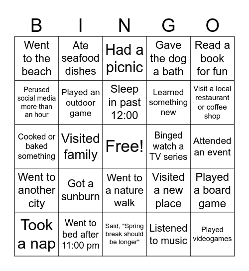 SPRING BREAK! Bingo Card