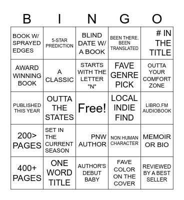 Reading Bingo Card