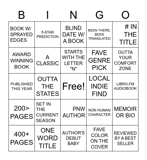 Reading Bingo Card