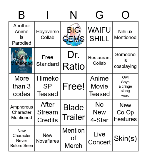 HSR Anniversary Stream Bingo Card