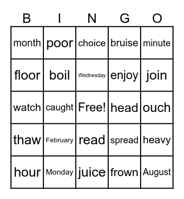 Heart Words, Vowel Team, Dipthong Review Bingo Card