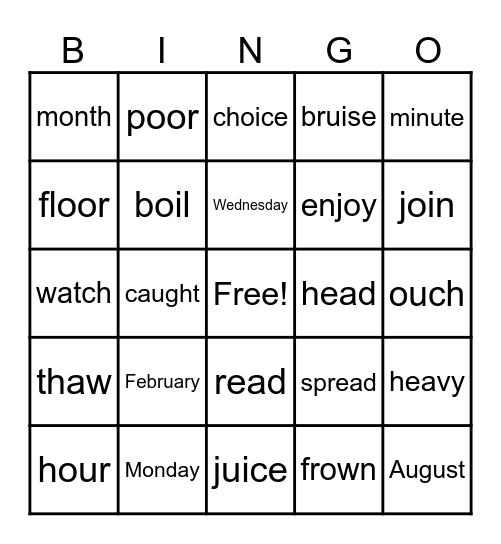 Heart Words, Vowel Team, Dipthong Review Bingo Card