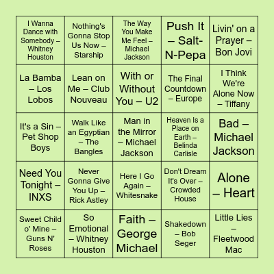 1987. gada hīti Bingo Card