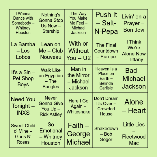 1987. gada hīti Bingo Card