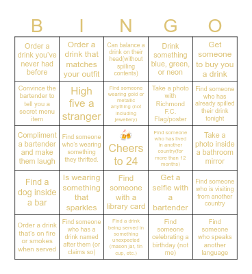 Anna's Golden Birthday Pub Crawl Bingo Card
