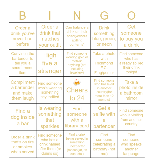 Anna's Golden Birthday Pub Crawl Bingo Card