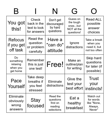 Test Taking Strategies Bingo Card