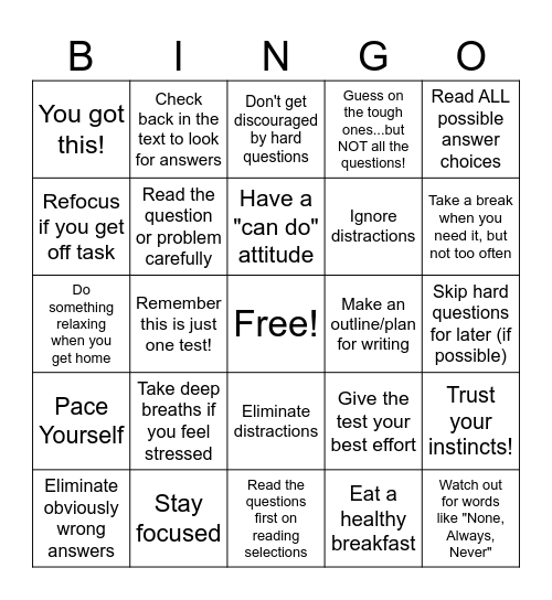 Test Taking Strategies Bingo Card