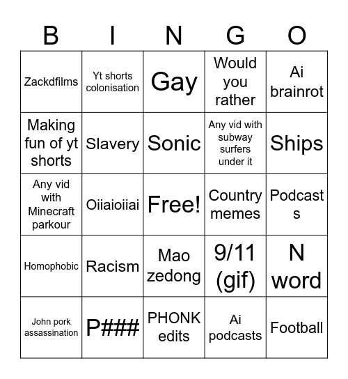 yt shorts bingo Card