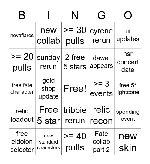 HSR 4.2 LIVESTREAM Bingo Card