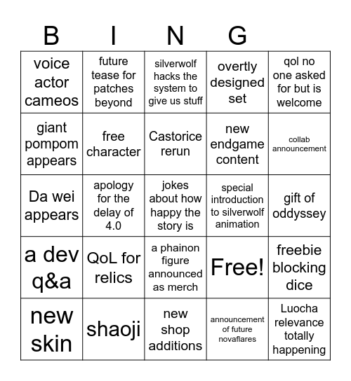 STAR RAIL 2.1 ANNIVERSARY Bingo Card