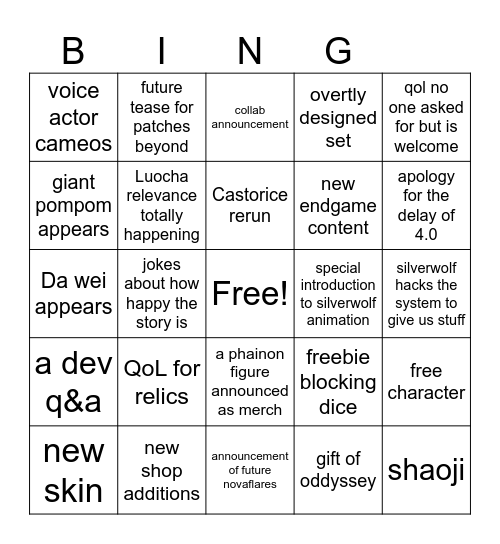 STAR RAIL 2.1 ANNIVERSARY Bingo Card