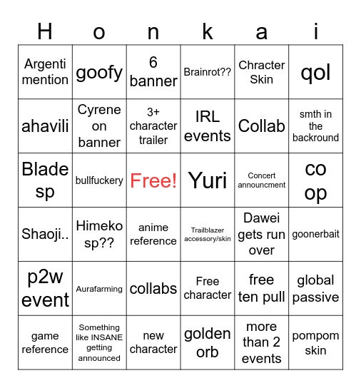 HSR 4.2 LIVESTREAM Bingo Card