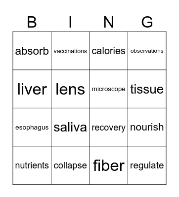 2nd grade Unit 10: Human Body Bingo Card