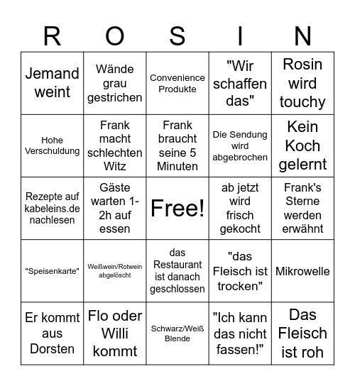 Rosins Restaurant Bingo Card