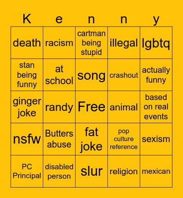 South Park Bingo Card