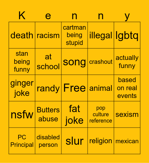 South Park Bingo Card
