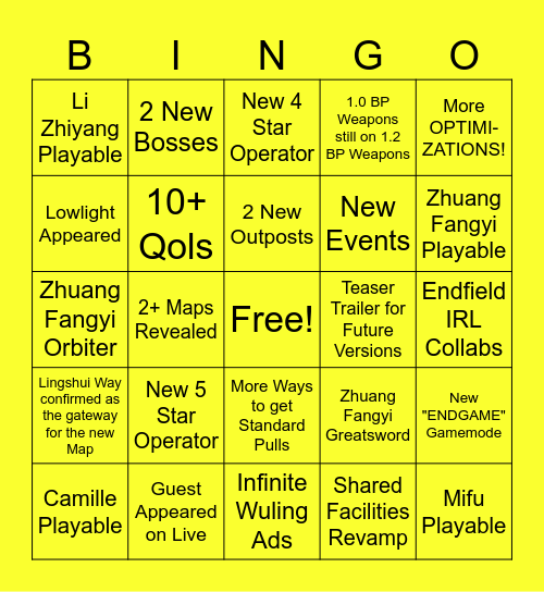 AK:Endfield 1.2 Bingo Card