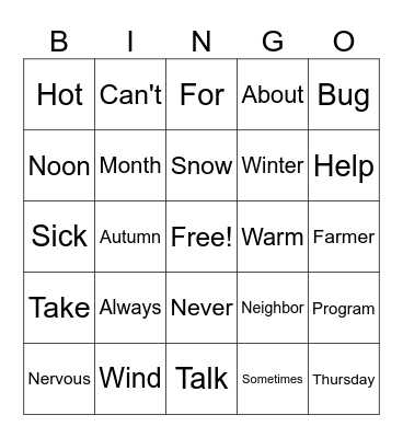 ASL BINGO Lessons 10-14 Bingo Card