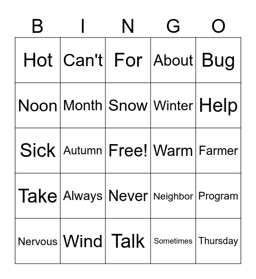 ASL BINGO Lessons 10-14 Bingo Card