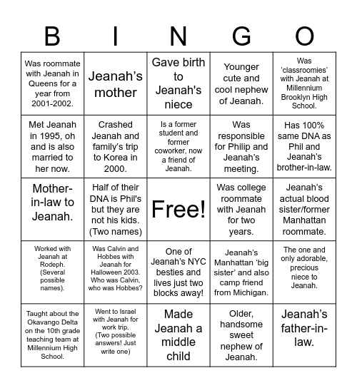 Jeanah's Party Guest Bingo Card