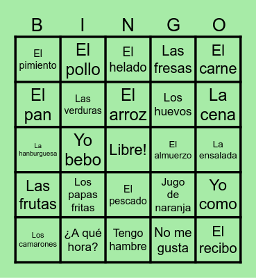 La Comida: Spanish 1 (Food) Bingo Card