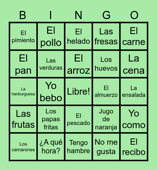 La Comida: Spanish 1 (Food) Bingo Card