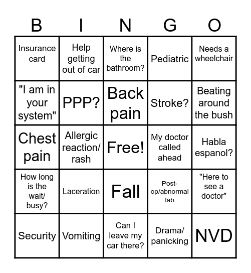 ER SHENANIGANS Bingo Card