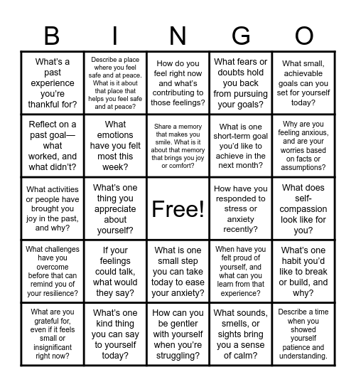 Mental Health BINGO Card