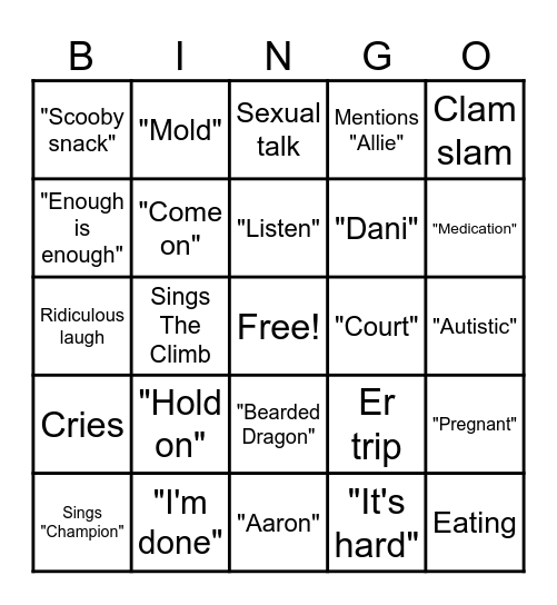 Gabi Shenanigans Bingo Card