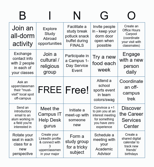 First-Year Connection Bingo Card
