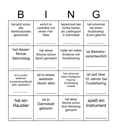 Foodsharing Frühlingsfest - bitte jede Person nur einmal eintragen Bingo Card