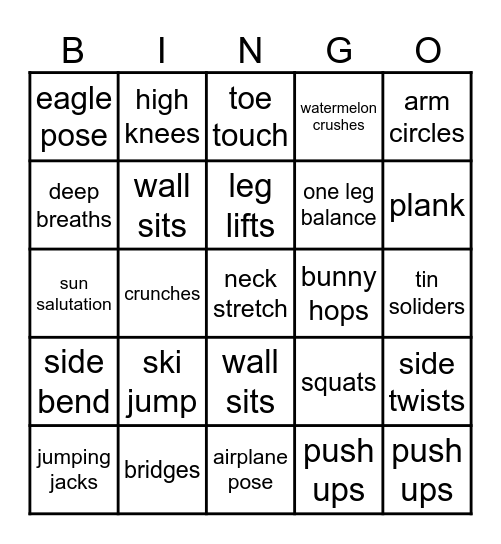 Fitness Bingo Card