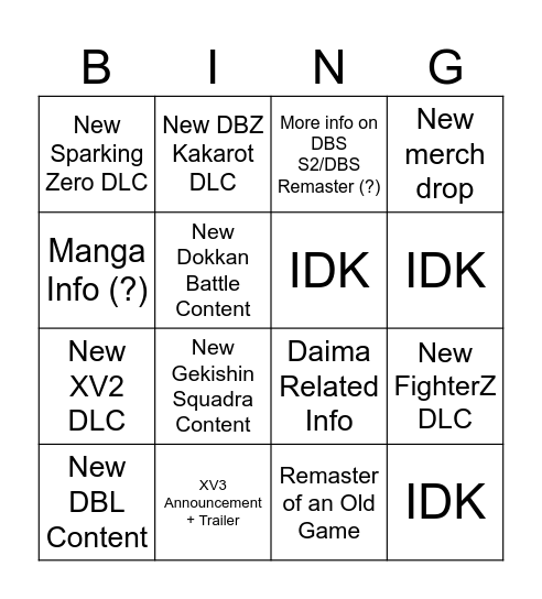 DB Games Battle Hour Bingo Card