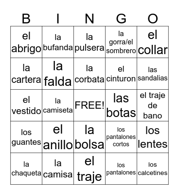 La Ropa Bingo Card
