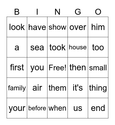 Sight Word Bingo Card