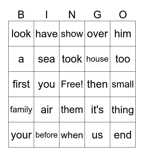 Sight Word Bingo Card