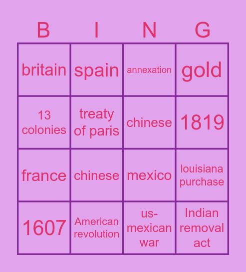 History Bing Bingo Card