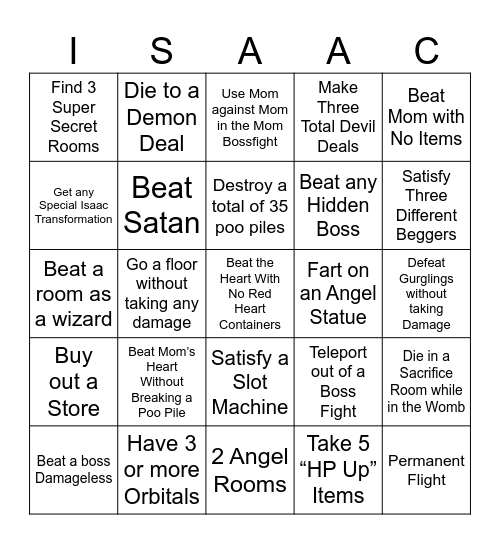 Binding of Isaac Bingo! Bingo Card