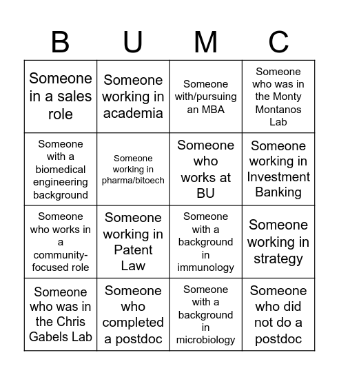Alumni Mixer Bingo Card