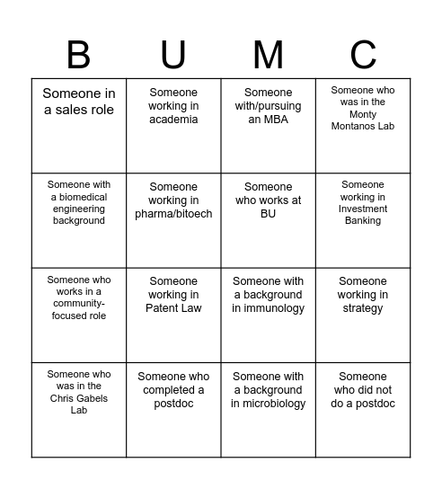 Alumni Mixer Bingo Card