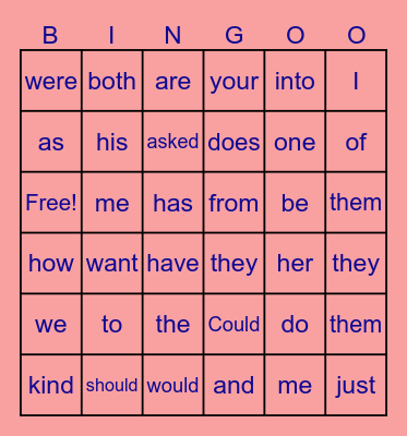 Sight Words Bingo Card