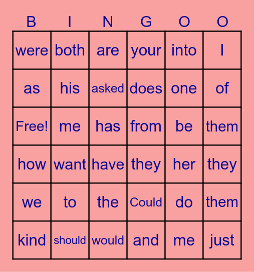 Sight Words Bingo Card
