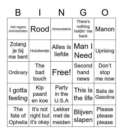 Muziek bingo NSG Bingo Card
