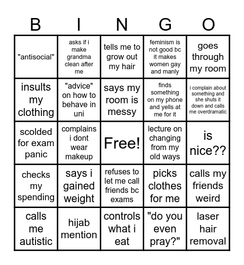 Mum visiting bingo Card