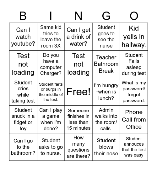 State Testing BINGO Card