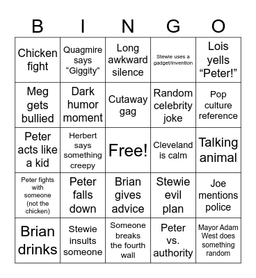 family guy Bingo Card